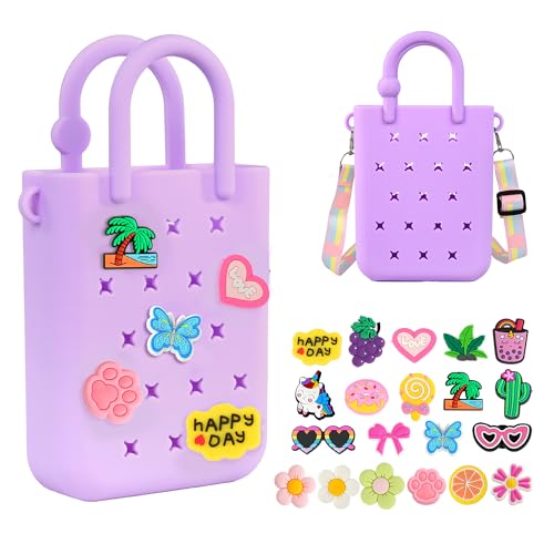 BestStone Silicone Mini Hole Handbag Toddler Purse with 20 Charms, Small Rubber Beach Bag With Adjustable Shoulder Strap, Mini Tote Bags for Little Girls and Woman Birthday Gift(Purple) - Image 1