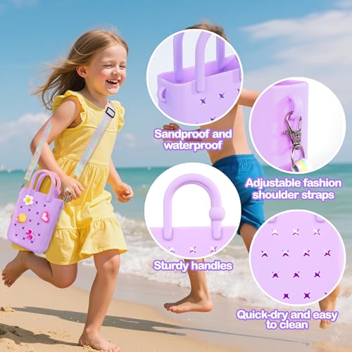 BestStone Silicone Mini Hole Handbag Toddler Purse with 20 Charms, Small Rubber Beach Bag With Adjustable Shoulder Strap, Mini Tote Bags for Little Girls and Woman Birthday Gift(Purple) - Image 2