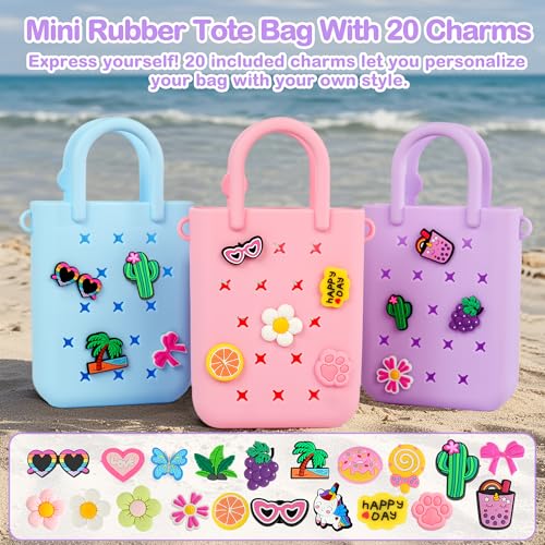 BestStone Silicone Mini Hole Handbag Toddler Purse with 20 Charms, Small Rubber Beach Bag With Adjustable Shoulder Strap, Mini Tote Bags for Little Girls and Woman Birthday Gift(Purple) - Image 5