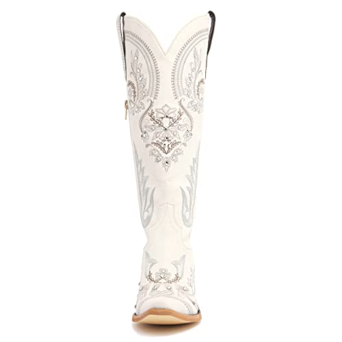 vodvob Western Cowboy Boots for Women Embroidered Rhinestones Knee High Cowgirl Boots Pointed Toe Chunky Heel Fashion Retro Classic Tall Boot - Image 4