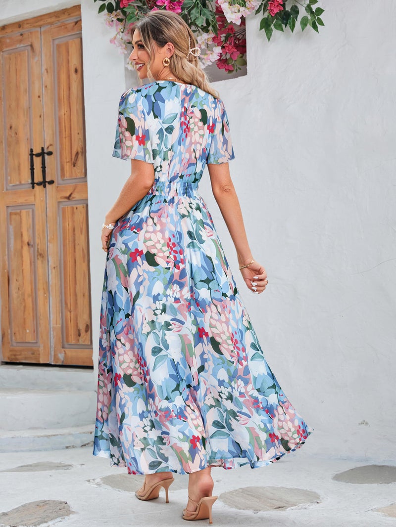 Simplee Apparel Simplee Women Floral Boho Maxi Dress Spring Wedding Guest Empire Waist V Neck Short Sleeve Long Flowy Dresses (XL Blue Green Floral) - Image 4