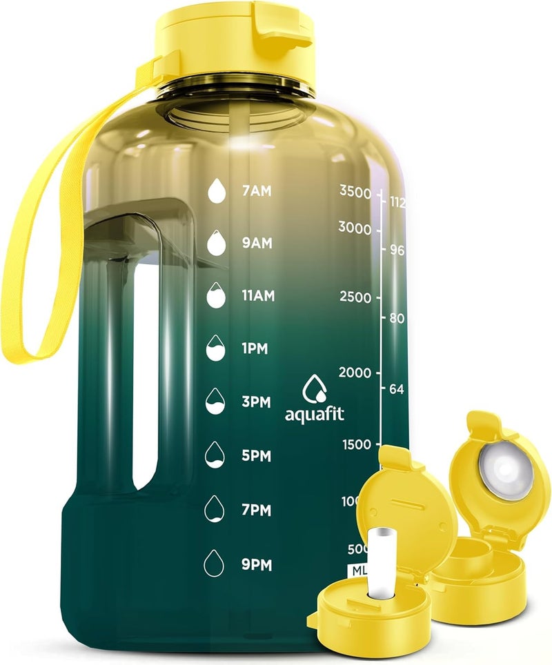 AQUAFIT 1 Gallon Water Bottle with Time Marker Straw Chug Lid BPA Free Gym Water Bottle with Straw Big Gallon Jug Forest Fade 128 oz 2 Lids