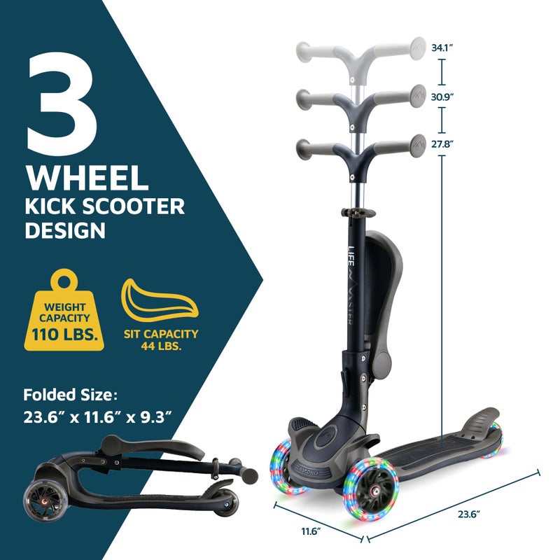 LifeMaster 3 Wheel Scooter for Kids with Foldable Seat, Adjustable Handlebar Height, Lean-to-Steer Ride On Toy for Kids Ages 2+, Light-Up LED Wheels, Wide Anti Slip Deck, Indoor & Outdoor Use, Neon Green - Image 2