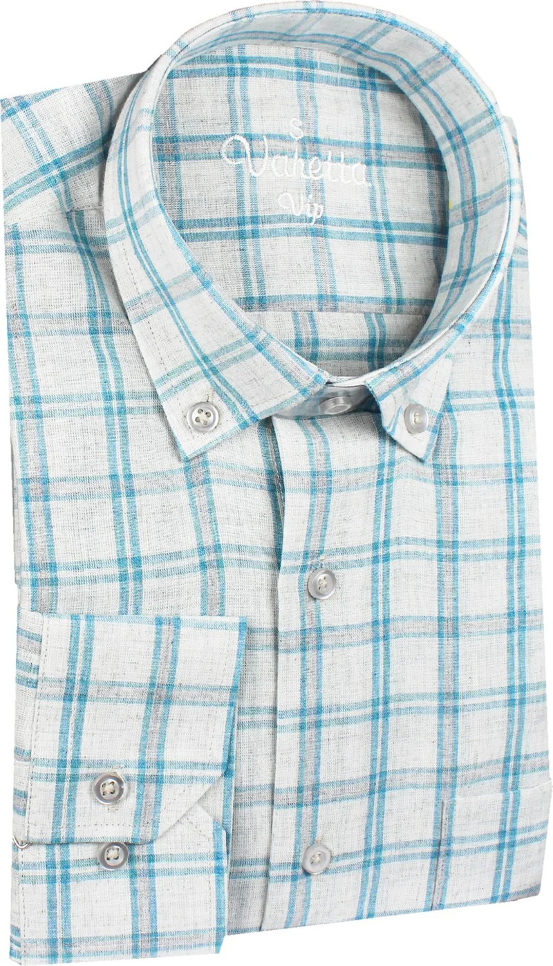 Varetta Men's Blue Check Cotton Collar Buttoned Long Sleeve Shirt with Pocket