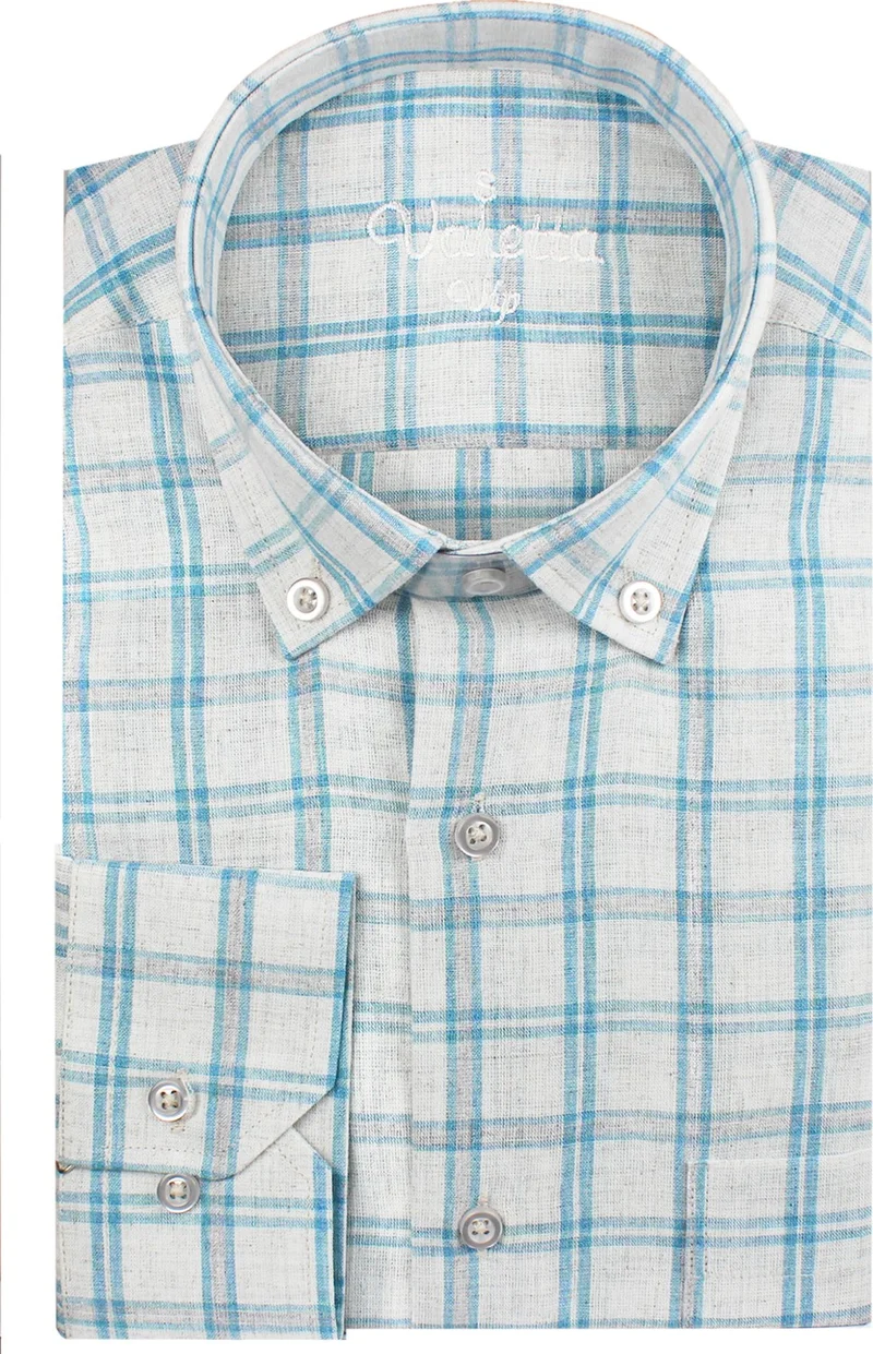 Varetta Men's Blue Check Cotton Collar Buttoned Long Sleeve Shirt with Pocket