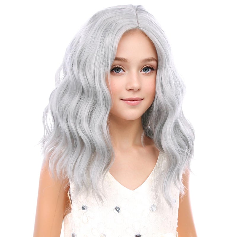 PATTNIUM Kids Silver Wig Short Wavy Silver White Wig for Child Cosplay Halloween Party Costume Heat Resistant Synthetict Wigs for Girls