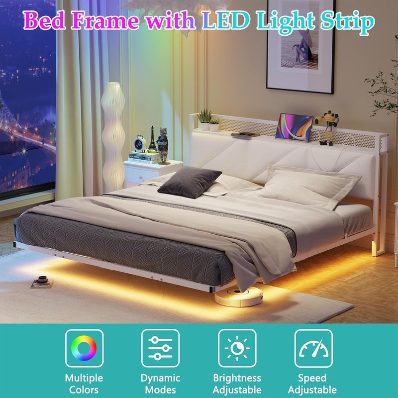 إطار سرير كينج عائم مع أضواء LED ومحطة شحن USB، إطار سرير كينج معدني منصة مقاس 150x200 سم مع لوح رأس مخملي تخزين مقاس 5 أقدام، شرائح معدنية متينة، خالٍ من الضوضاء، أبيض - Image 4