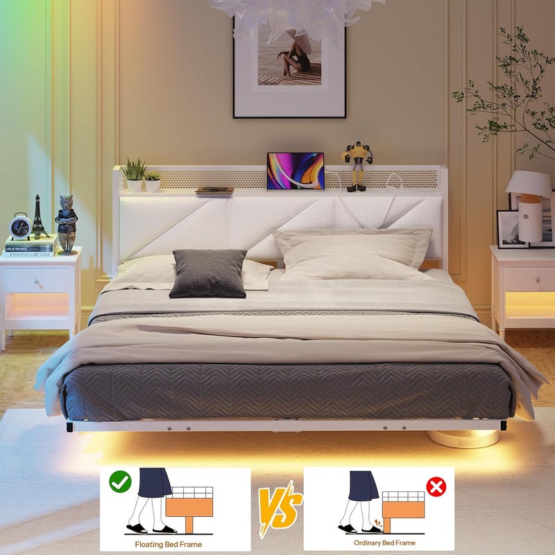 إطار سرير كينج عائم مع أضواء LED ومحطة شحن USB، إطار سرير كينج معدني منصة مقاس 150x200 سم مع لوح رأس مخملي تخزين مقاس 5 أقدام، شرائح معدنية متينة، خالٍ من الضوضاء، أبيض - Image 3