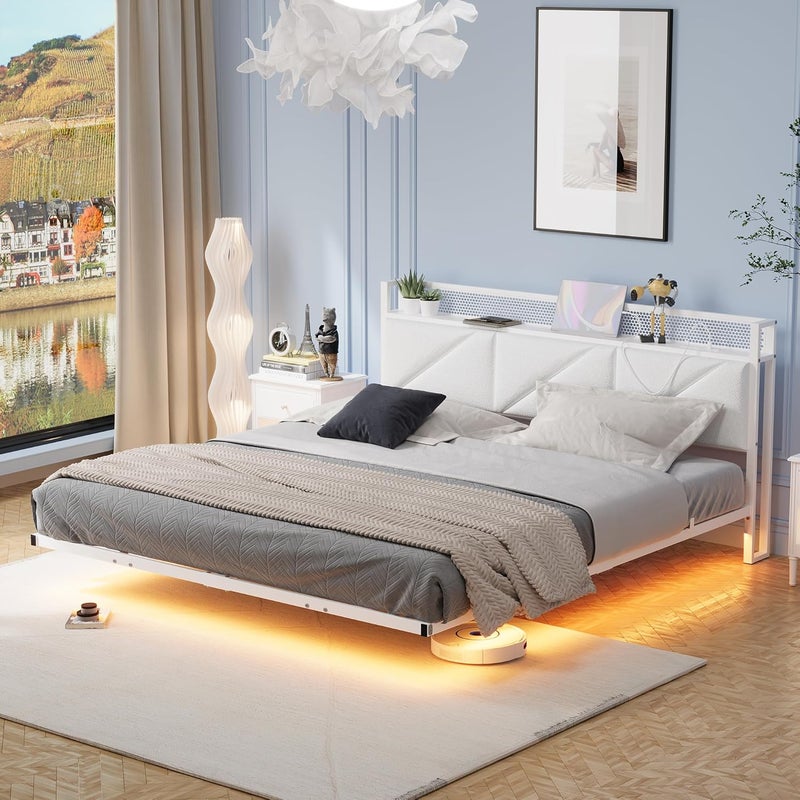 إطار سرير كينج عائم مع أضواء LED ومحطة شحن USB، إطار سرير كينج معدني منصة مقاس 150x200 سم مع لوح رأس مخملي تخزين مقاس 5 أقدام، شرائح معدنية متينة، خالٍ من الضوضاء، أبيض - Image 1
