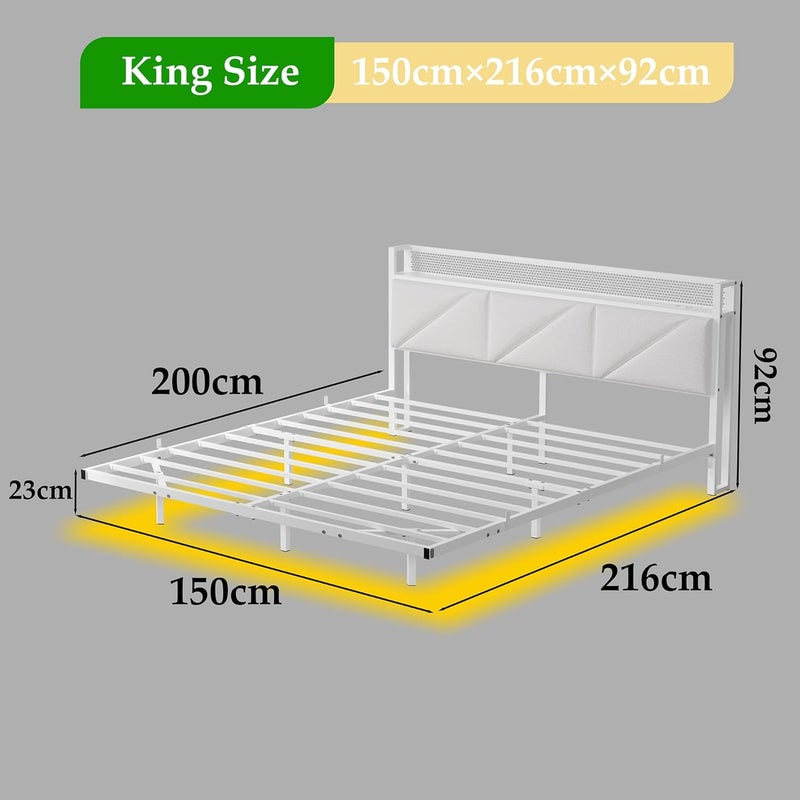 إطار سرير كينج عائم مع أضواء LED ومحطة شحن USB، إطار سرير كينج معدني منصة مقاس 150x200 سم مع لوح رأس مخملي تخزين مقاس 5 أقدام، شرائح معدنية متينة، خالٍ من الضوضاء، أبيض - Image 2