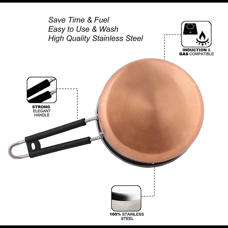 RJ kitchenware Store Stainless Steel Copper Coated Coper Bottom Flat Base Sauce Pan, Milk & Tea Coffee Pot Tapeli Patila Cookware Container with Handle 2.2 Litre - Image 3