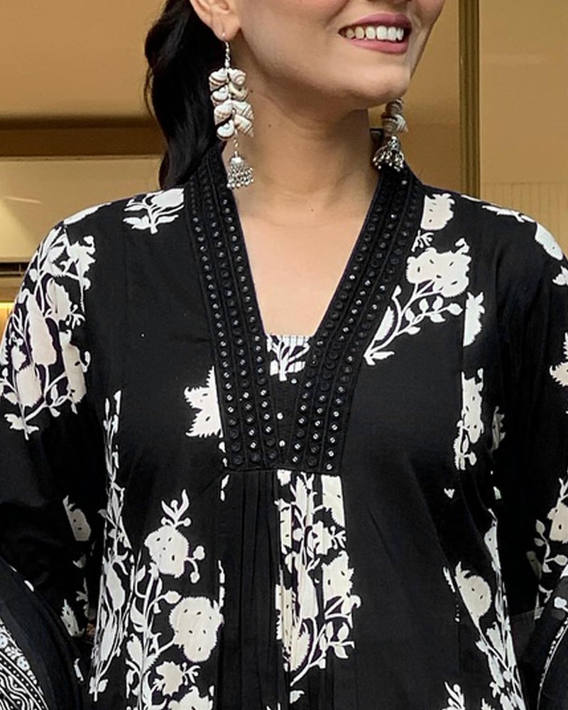 Toochki Kurti Set for Women | Anarkali Fit & Flared Kurtas for Women's | Cotton Kurtis for Woman | Kurta with Palazzo & Dupatta | Ethnic Salwar Suits Sets Black - Image 3
