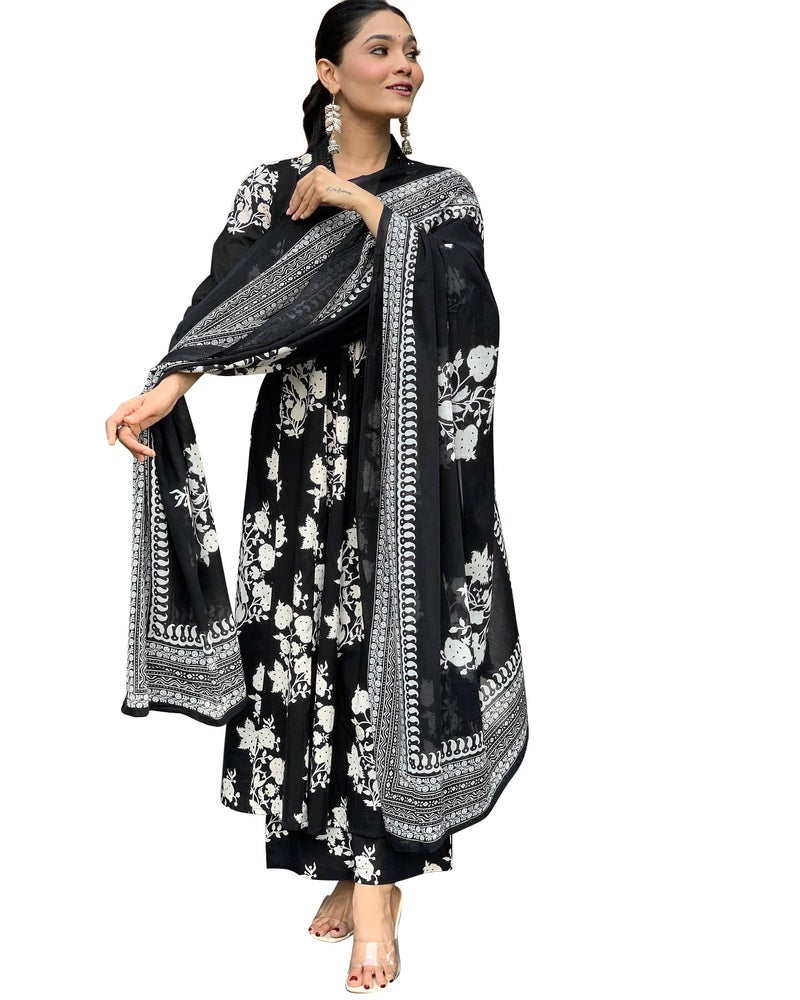 Toochki Kurti Set for Women | Anarkali Fit & Flared Kurtas for Women's | Cotton Kurtis for Woman | Kurta with Palazzo & Dupatta | Ethnic Salwar Suits Sets Black - Image 1