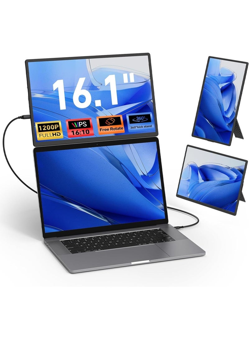 V2COM Laptop Screen Extender 16.1" Ultra-Thin Portable Monitor 1200P FHD IPS Display, 360° Rotating Adjustable Stand, Plug & Play Dual Screen Extender Compatible with Mac/Windows/Phone/Tablet - Image 1