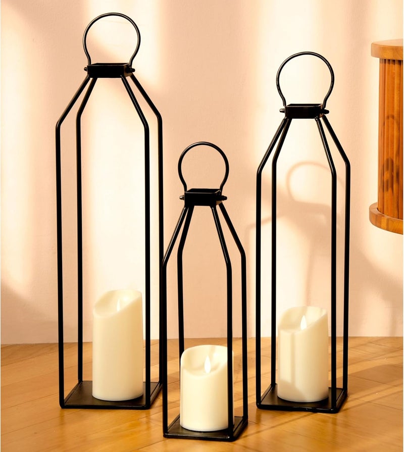 PERFNIQUE Set of 3 Black Metal Lanterns w/ 6hr Timer Flickering Flameless Candles, Modern Farmhouse Lanterns Decorative for Outdoor Decor, Home, Front Porch, Indoor, Patio, Dining Table, Garden, Firep - Image 1