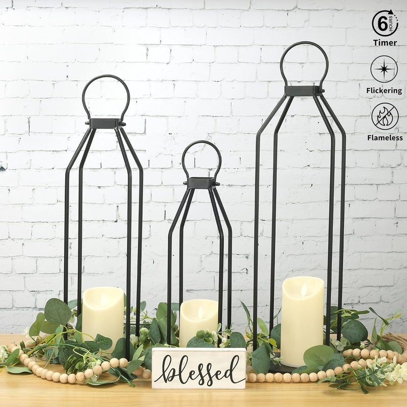 PERFNIQUE Set of 3 Black Metal Lanterns w/ 6hr Timer Flickering Flameless Candles, Modern Farmhouse Lanterns Decorative for Outdoor Decor, Home, Front Porch, Indoor, Patio, Dining Table, Garden, Firep - Image 2