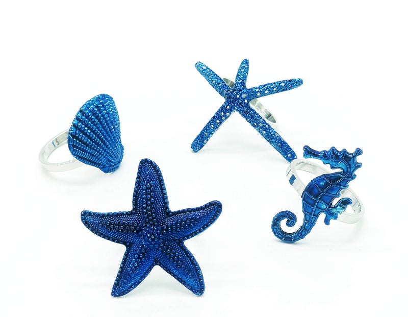Fennco Styles Fennco Styles Coastal Sea Creatures Metal Napkin Rings  Set of 4 - Blue Nautical Napkin Holders for Home D?cor  Dining Table  Banquets  Family Gathering and Special Occasions (Silver Ring) - Image 1