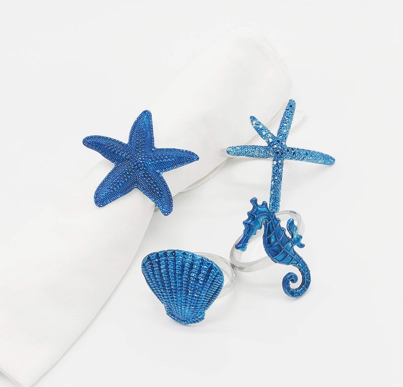 Fennco Styles Fennco Styles Coastal Sea Creatures Metal Napkin Rings  Set of 4 - Blue Nautical Napkin Holders for Home D?cor  Dining Table  Banquets  Family Gathering and Special Occasions (Silver Ring) - Image 2