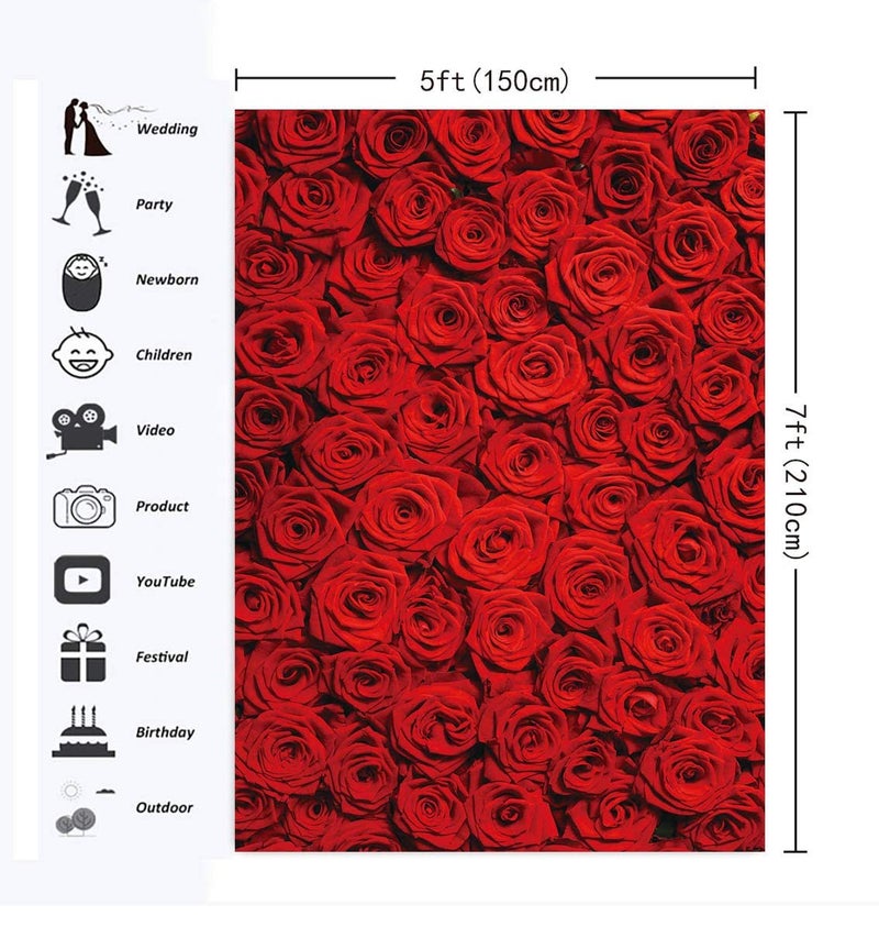 INRUI Ruini Red Rose Floral Wedding Photography Backdrop Roses Wall Lovers Girls Children Photos Backdrop 5X7Ft - Image 4