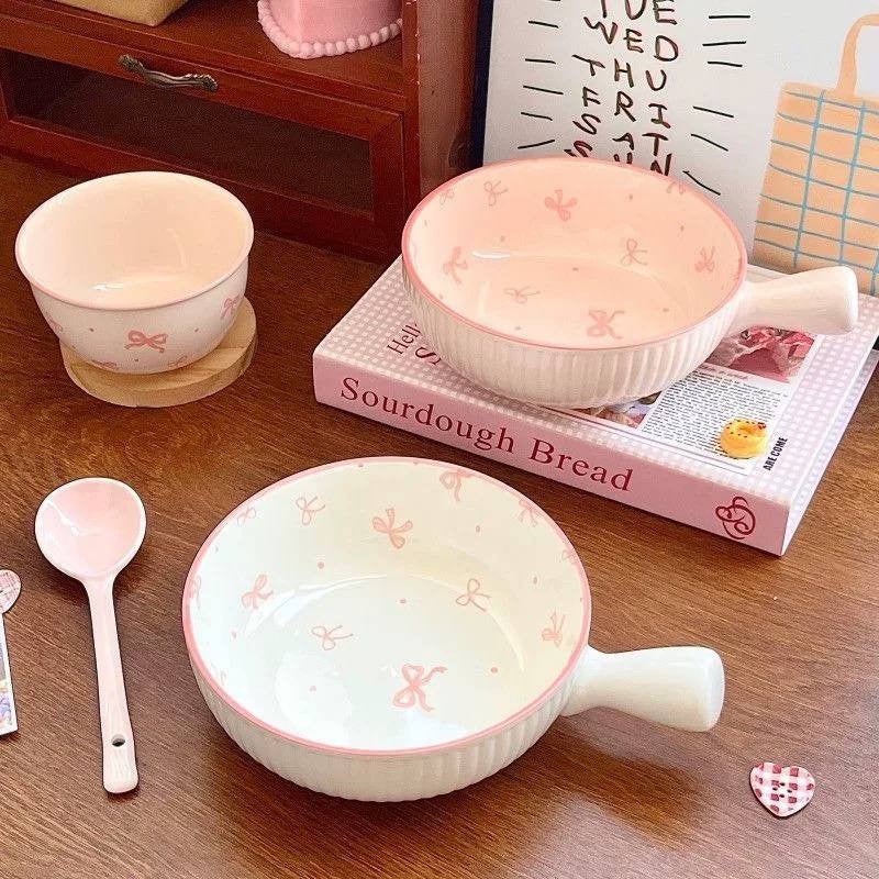 Pink Porcelain Bowl with Handle and Bow Design - Image 1