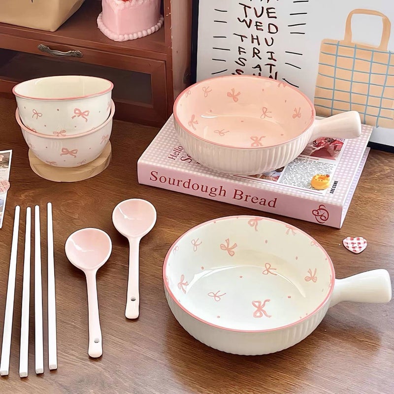 Pink Porcelain Bowl with Handle and Bow Design - Image 2