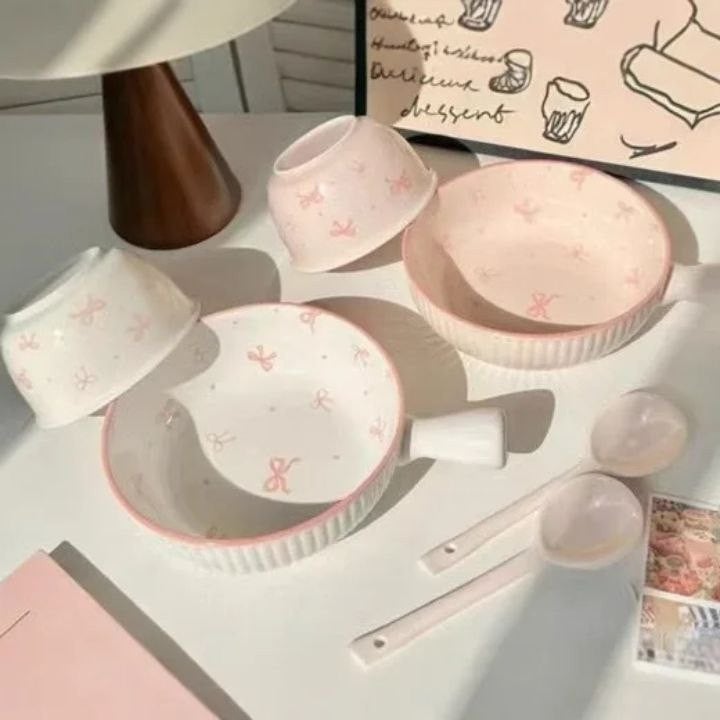 Pink Porcelain Bowl with Handle and Bow Design - Image 4