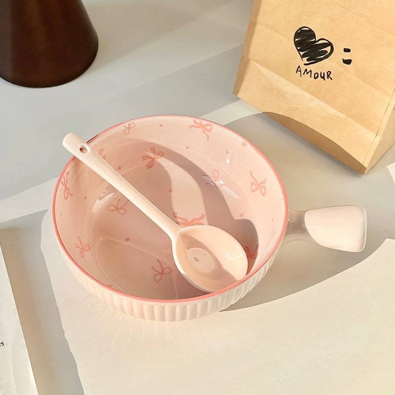 Pink Porcelain Bowl with Handle and Bow Design - Image 3