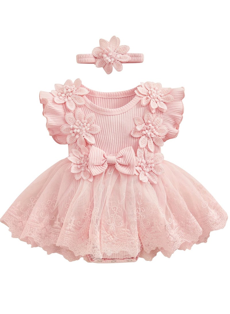 نجم ستايل فستان رومبر للطفلة الرضيعة حديثي الولادة بأكمام قصيرة فستان تنورة شبكي شبكي للبنات الرضع فستان جمبسوت شبكي من الدانتيل مع عصابة رأس - Image 1