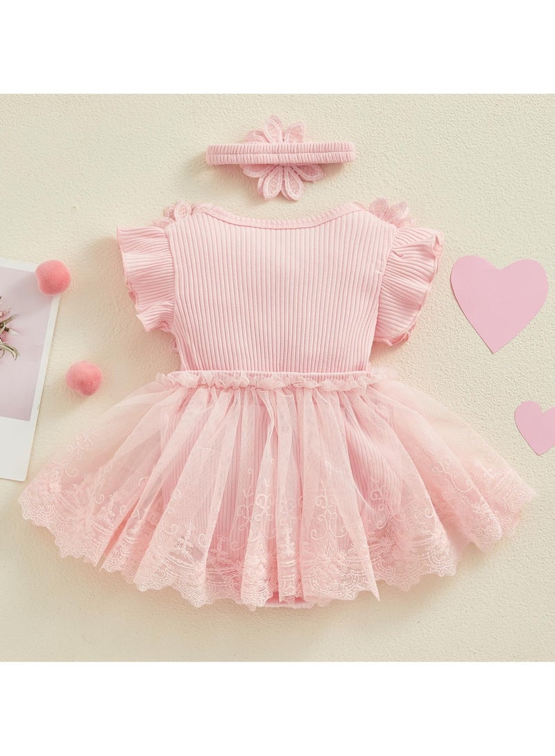 نجم ستايل فستان رومبر للطفلة الرضيعة حديثي الولادة بأكمام قصيرة فستان تنورة شبكي شبكي للبنات الرضع فستان جمبسوت شبكي من الدانتيل مع عصابة رأس - Image 3