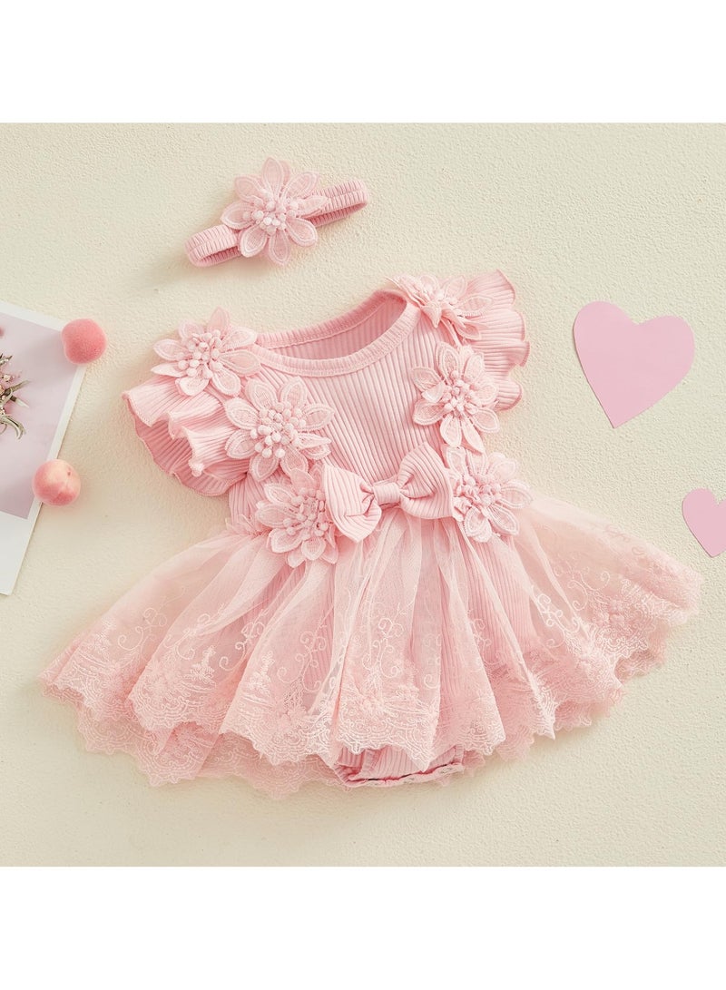 نجم ستايل فستان رومبر للطفلة الرضيعة حديثي الولادة بأكمام قصيرة فستان تنورة شبكي شبكي للبنات الرضع فستان جمبسوت شبكي من الدانتيل مع عصابة رأس - Image 4