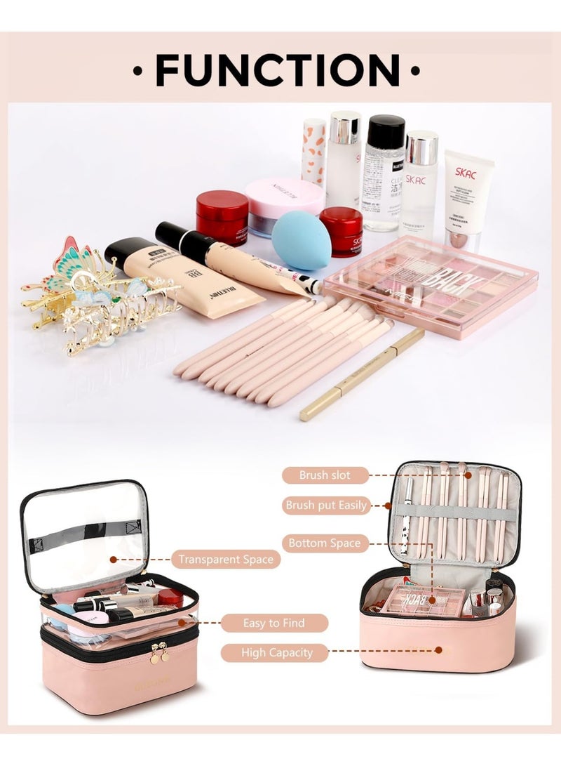 Cosmetic Bags for Women, Clear Leather Double Layer Makeup Bag, Large Travel Makeup Bag for Travel Essentials Organizer Toiletry Bag - Pink - Image 2