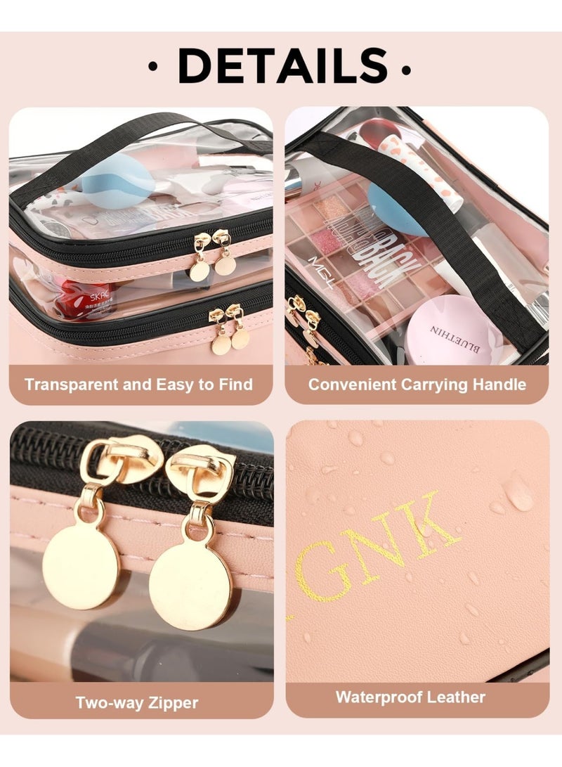 Cosmetic Bags for Women, Clear Leather Double Layer Makeup Bag, Large Travel Makeup Bag for Travel Essentials Organizer Toiletry Bag - Pink - Image 3