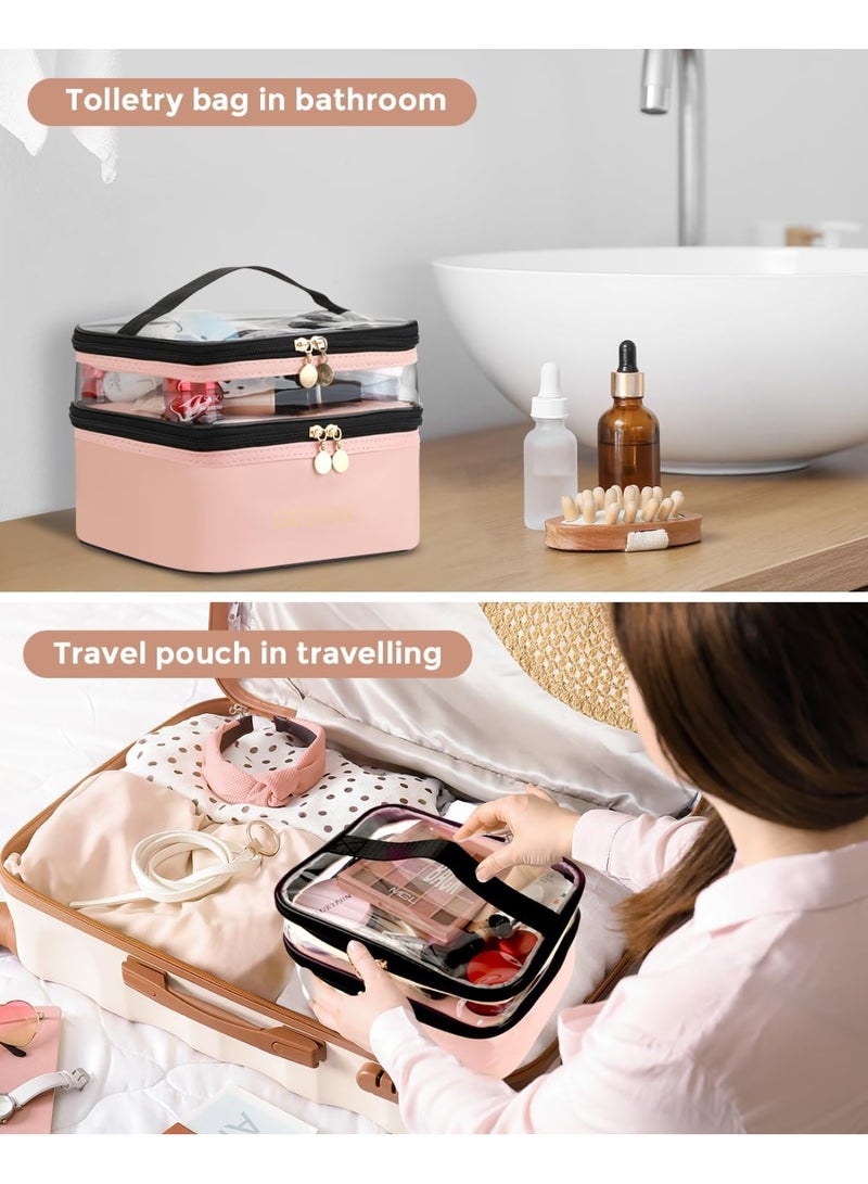 Cosmetic Bags for Women, Clear Leather Double Layer Makeup Bag, Large Travel Makeup Bag for Travel Essentials Organizer Toiletry Bag - Pink - Image 4