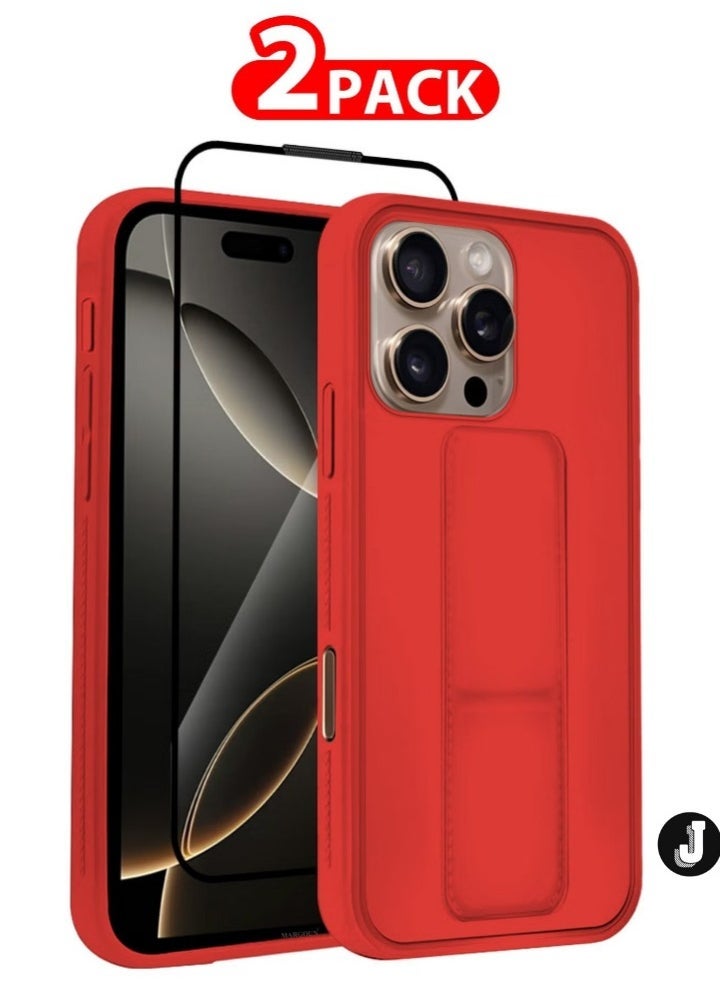 JAJEEK "2-Pack Premium PU Leather Case & Screen Protector for iPhone 16 Pro Max – Shockproof, Anti-Scratch, Stand Function, Finger Grip Case Cover (Red)" - Image 1