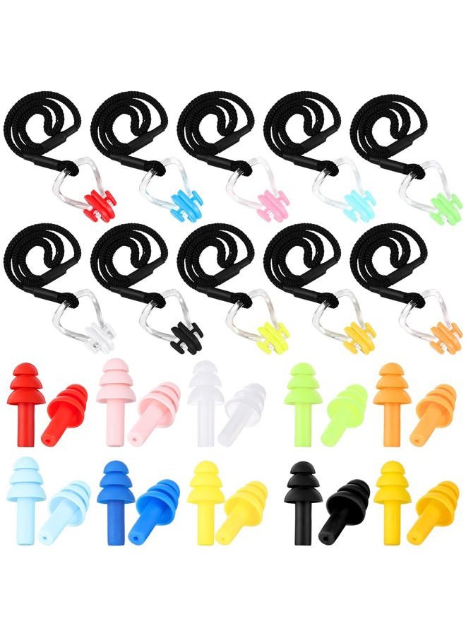 Seenelling 10 Pcs Swimming Nose Clip Earplugs with String Waterproof Swim Nose Plugs Soft Silicone Earplugs Protector Accessories for Adult Beginner Swimming Training Supplies(10 Colors,Transparent) - Image 1