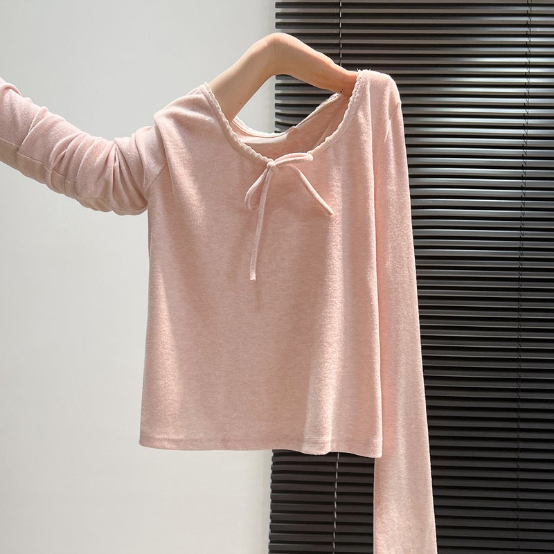 Pink lace inner long-sleeved t-shirt, women's early autumn bow, pure desire for slim fit and slimming, super good-looking base shirt top - Image 3