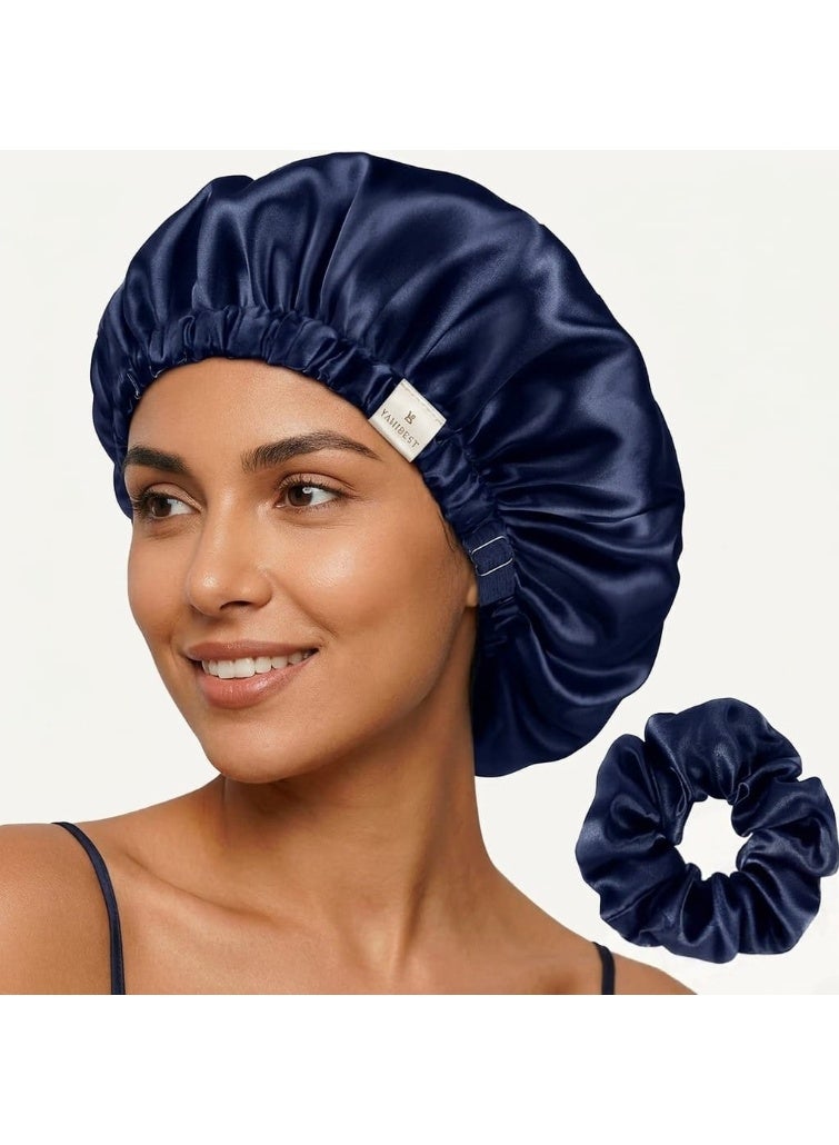 Single Layer Satin Hair Bonnet with Matching Satin Scrunchie, Navy Blue, Soft Sleep Cap for Hair Protection, Suitable for All Hair Types - Image 1
