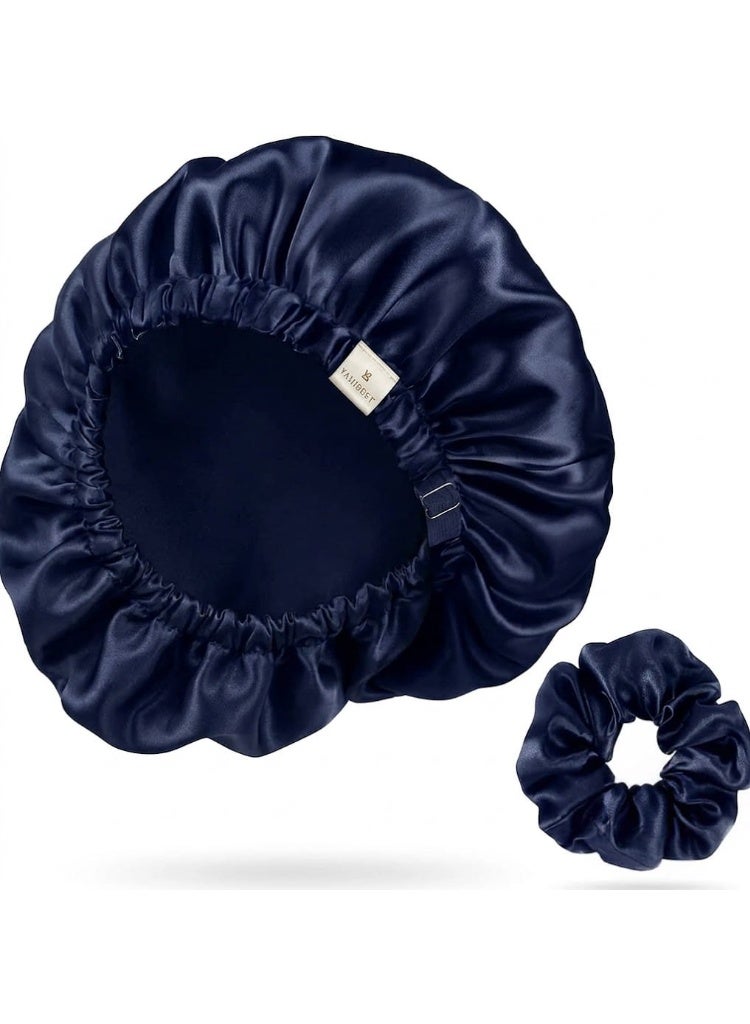 Single Layer Satin Hair Bonnet with Matching Satin Scrunchie, Navy Blue, Soft Sleep Cap for Hair Protection, Suitable for All Hair Types - Image 2