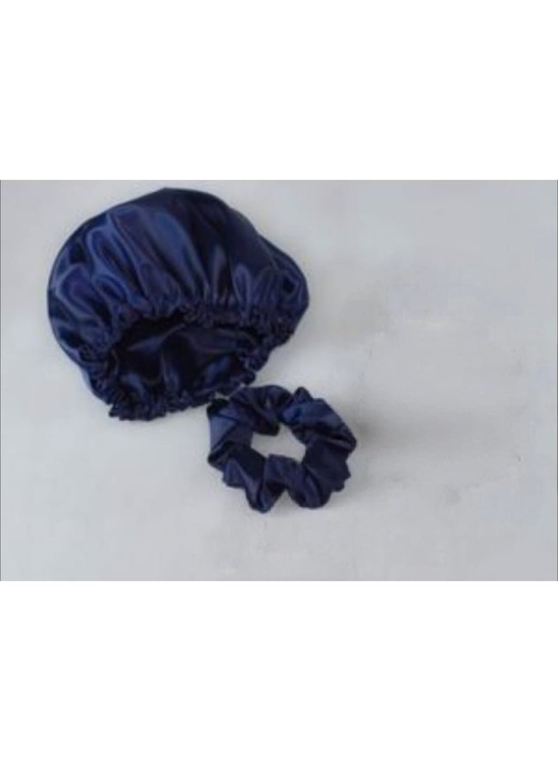 Single Layer Satin Hair Bonnet with Matching Satin Scrunchie, Navy Blue, Soft Sleep Cap for Hair Protection, Suitable for All Hair Types - Image 3