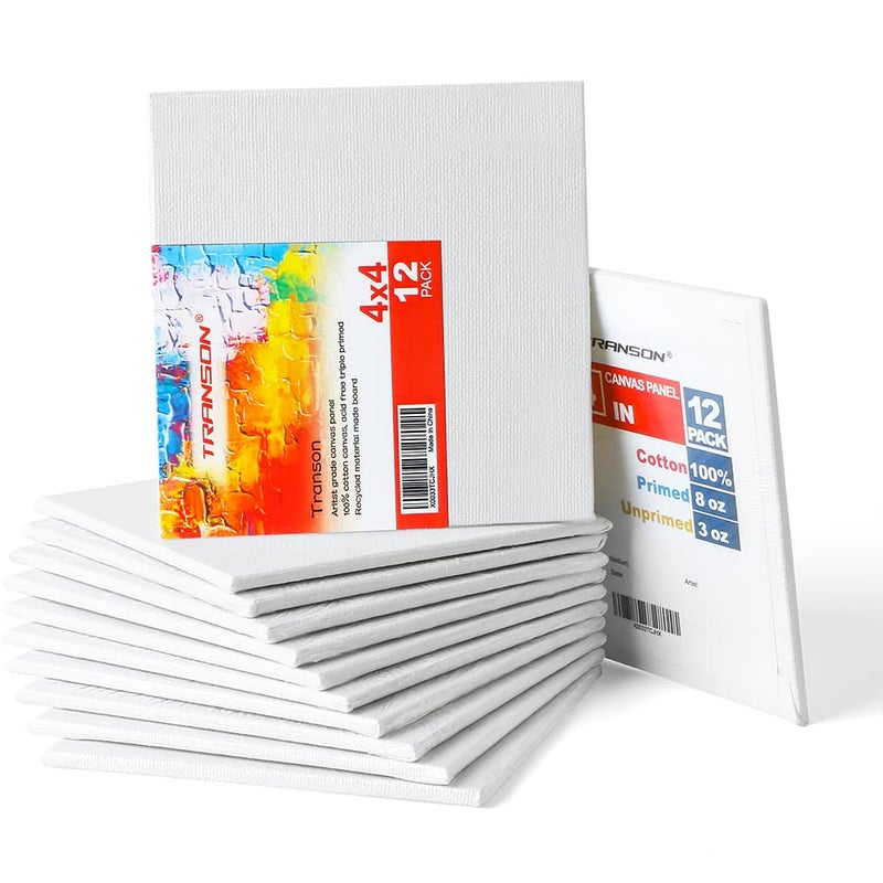 TRANSON Transon 4x4 Artist Canvas for Painting MDF Board Painting Canvas No Warping 12Pack AcidFree Primed 