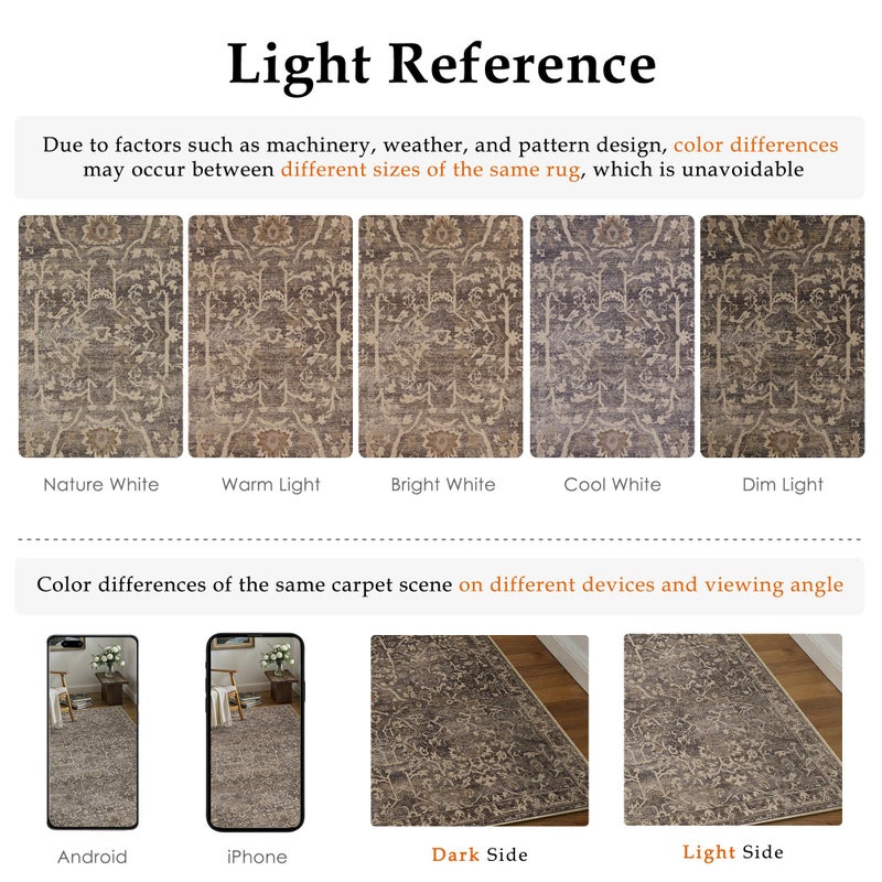 HUGEAR Area Rug 9x12 Retro Brown Machine Washable Living Room Rugs Distressed Vintage Floral Vacuumable Low Pile Carpet Bedroom Office Dining Room Laundry Room Non Slip Soft Lightweight - Image 5