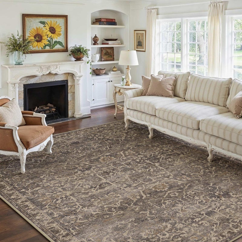 HUGEAR Area Rug 9x12 Retro Brown Machine Washable Living Room Rugs Distressed Vintage Floral Vacuumable Low Pile Carpet Bedroom Office Dining Room Laundry Room Non Slip Soft Lightweight - Image 3