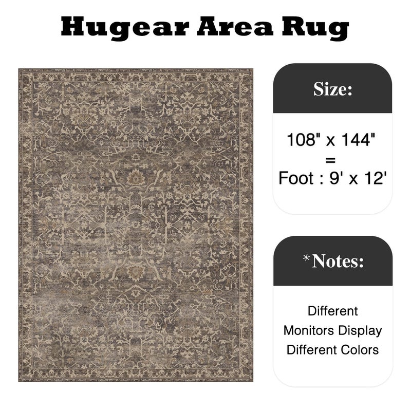 HUGEAR Area Rug 9x12 Retro Brown Machine Washable Living Room Rugs Distressed Vintage Floral Vacuumable Low Pile Carpet Bedroom Office Dining Room Laundry Room Non Slip Soft Lightweight - Image 2