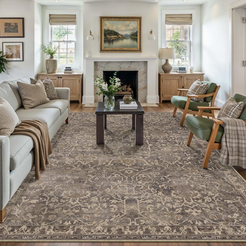 HUGEAR Area Rug 9x12 Retro Brown Machine Washable Living Room Rugs Distressed Vintage Floral Vacuumable Low Pile Carpet Bedroom Office Dining Room Laundry Room Non Slip Soft Lightweight - Image 4