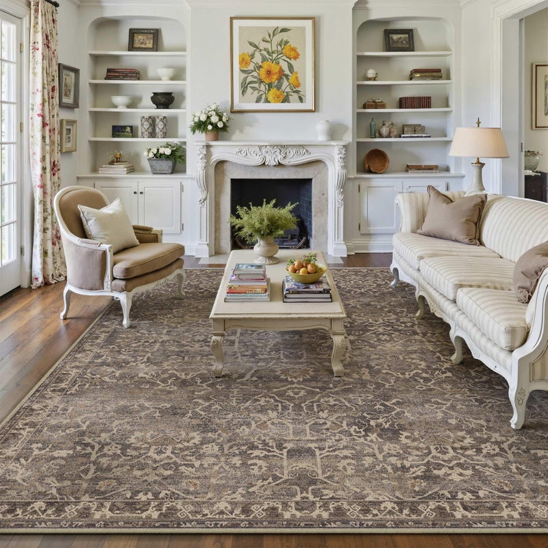 HUGEAR Area Rug 9x12 Retro Brown Machine Washable Living Room Rugs Distressed Vintage Floral Vacuumable Low Pile Carpet Bedroom Office Dining Room Laundry Room Non Slip Soft Lightweight - Image 1