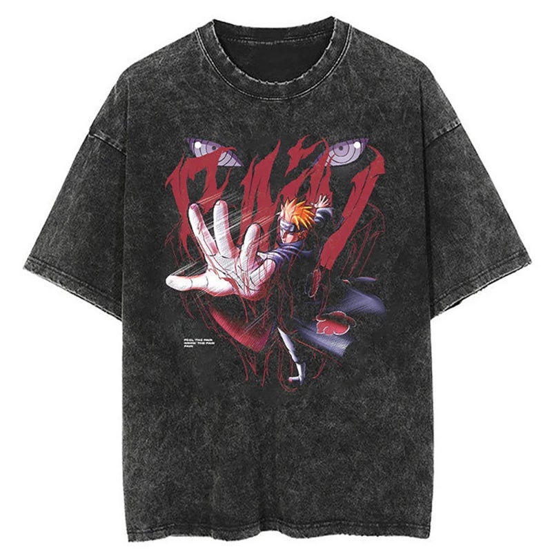 2024 Anime T-shirt Fire Shadow Pattern Printing Cotton Short Sleeves Vintage Summer Retro Style Graphic Tshirt For Men Women 9 washed black 