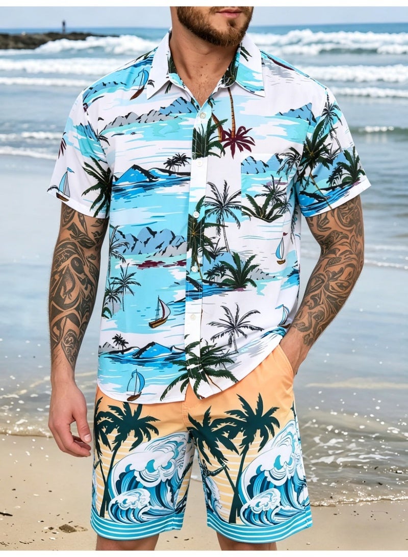 Men's summer beach set (shirt and shorts), Hawaiian print, lightweight and breathable fabric, the perfect outfit for a beach vacation, plus sizes - Image 1