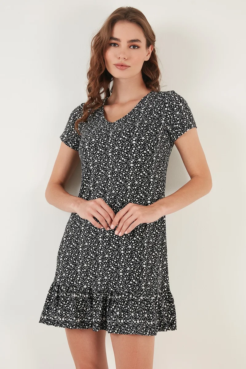ليلا Floral Round Collar Ruffle Detailed Mini Dress Women's Dress 5863677