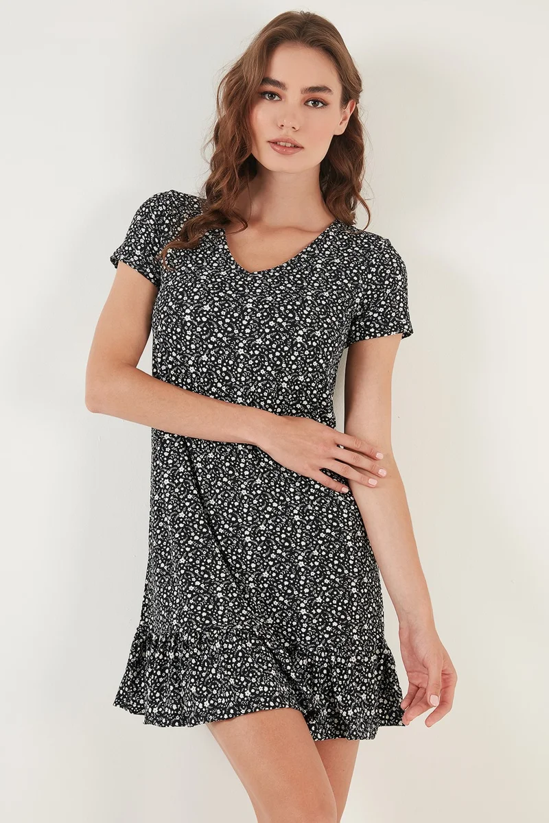 ليلا Floral Round Collar Ruffle Detailed Mini Dress Women's Dress 5863677