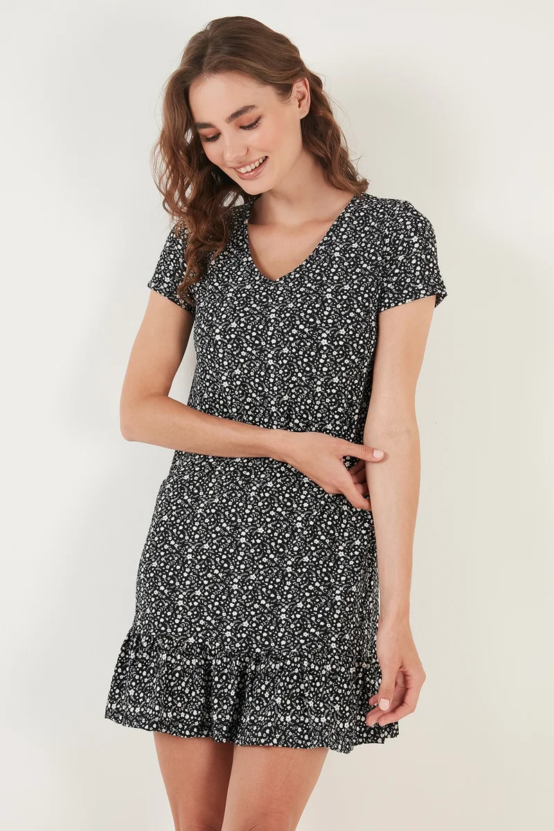 ليلا Floral Round Collar Ruffle Detailed Mini Dress Women's Dress 5863677